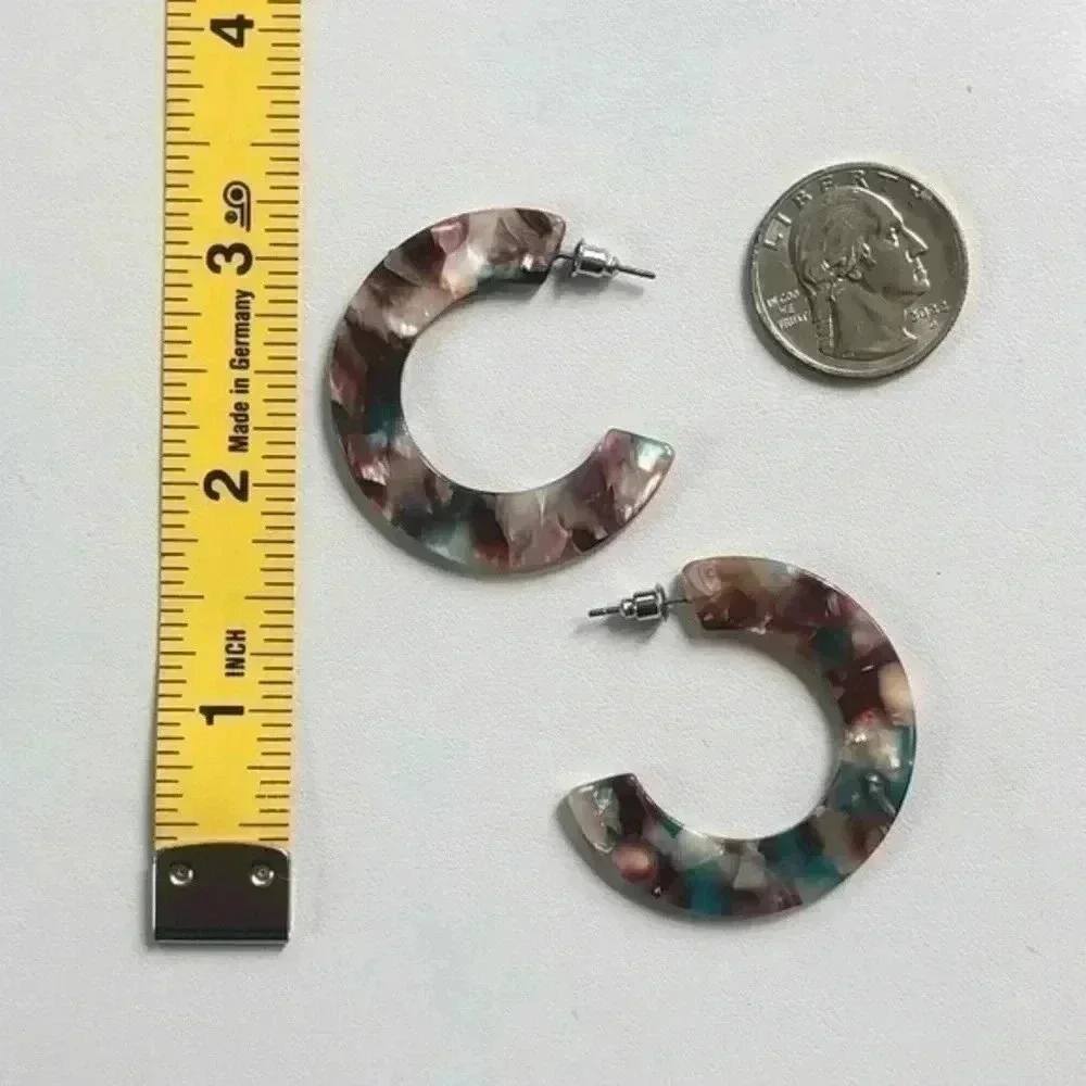 Turquoise Brown Pearl Semi Hoop Acrylic Stainless Steel Earrings NWT